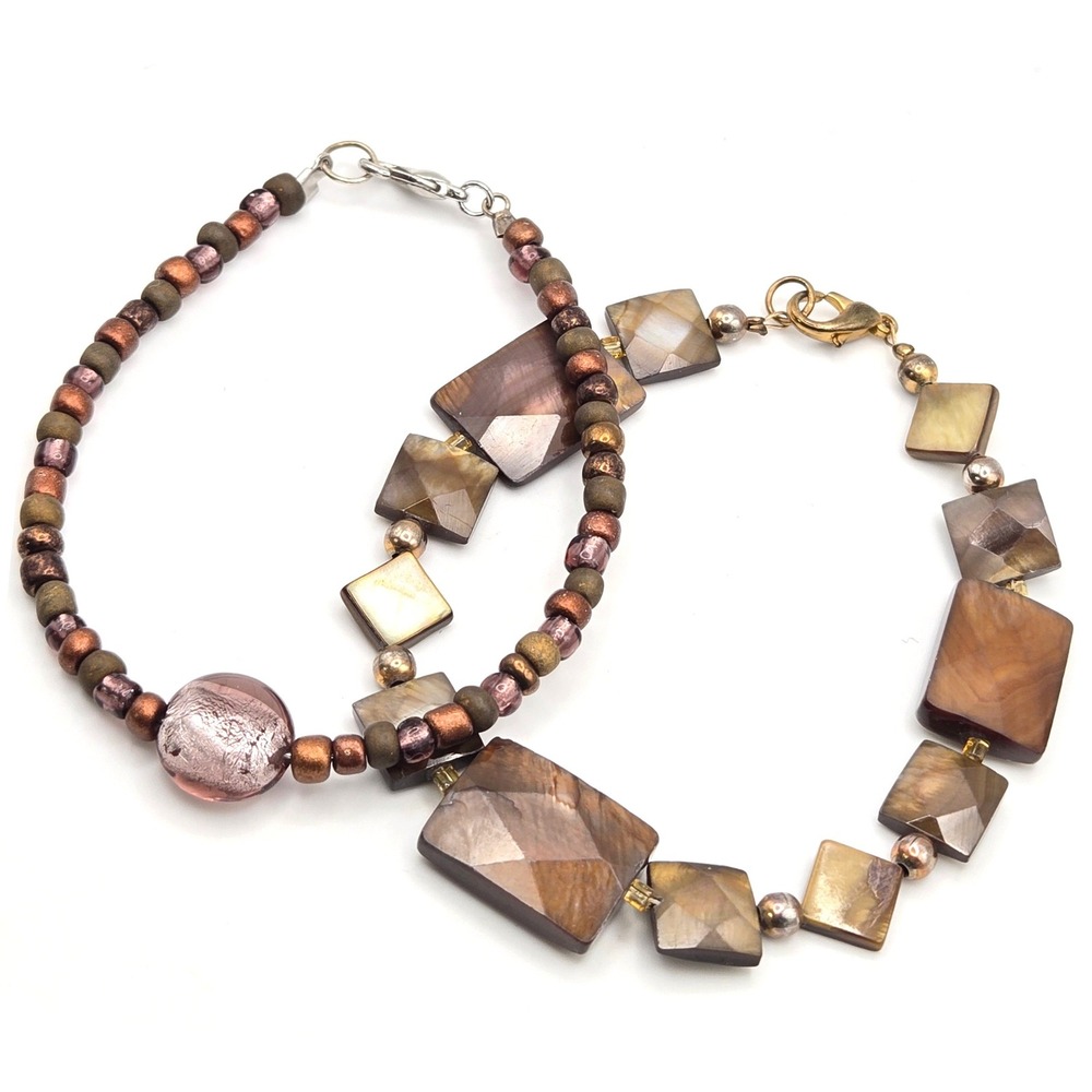 Set of‎ 2 Earthy Beaded Bracelets Brown Shell Tiles, Dichroic Glass Seed Beads